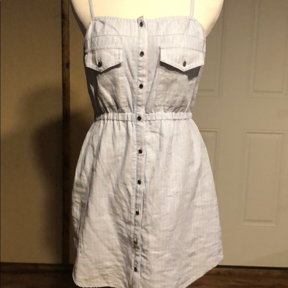 Blue Pink Pinstripe Button Down Mini Dress Elastic Waist Sun Dress Womens - Picture 3 of 4